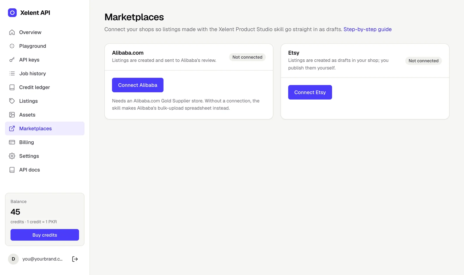 The Marketplaces page with Connect Alibaba and Connect Etsy buttons