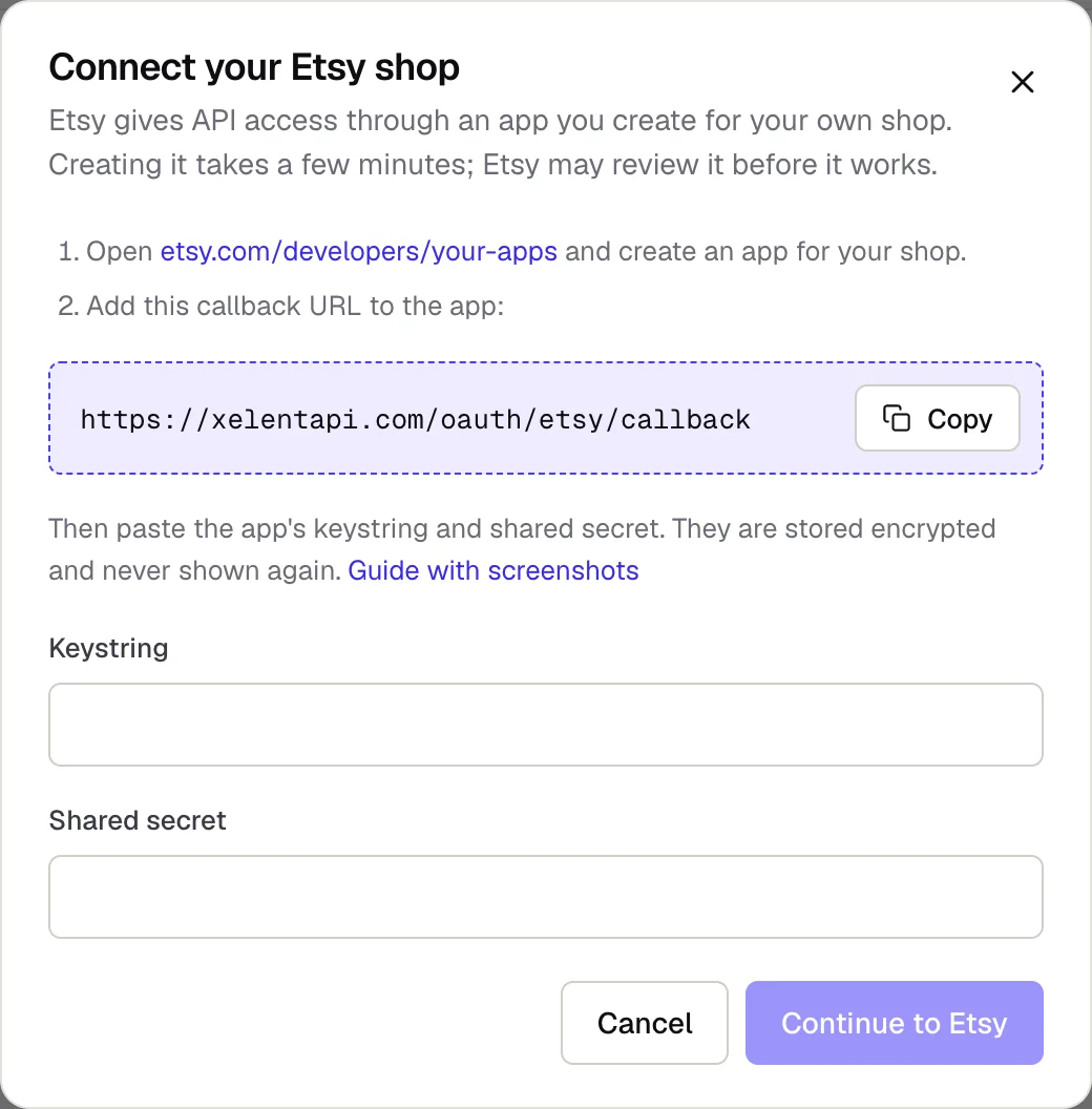 The Connect your Etsy shop dialog with the callback URL and the keystring and shared secret fields