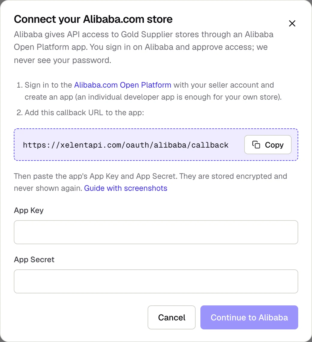 The Connect your Alibaba.com store dialog with the callback URL and the App Key and App Secret fields