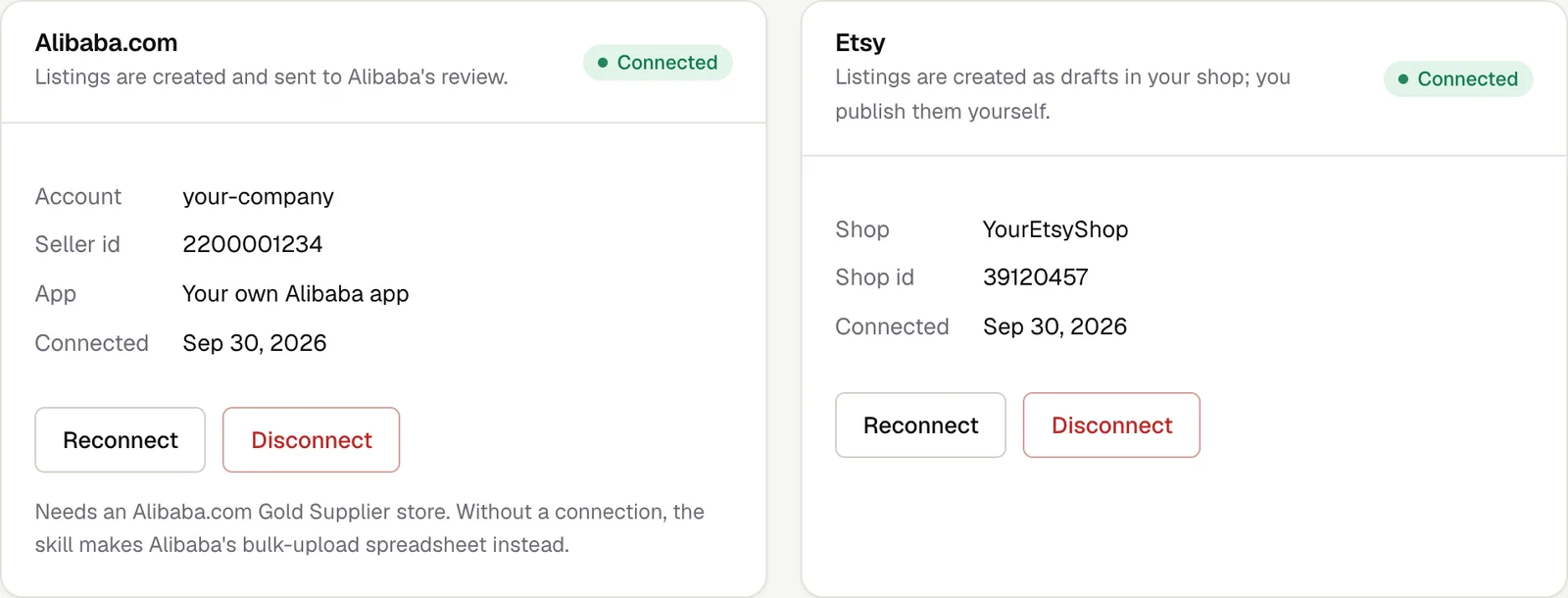 Both shops connected, with Reconnect and Disconnect buttons